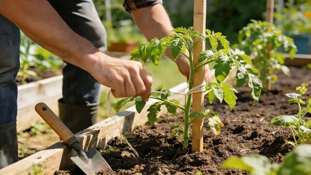 Gardener tying young tomato plant to wooden stake in raised garden bed, supporting vegetable growth in backyard garden and caring for healthy home grown food