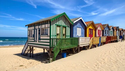 Fototapeta premium Colorful beach huts on sandy shore with ocean and mountain backdrop evoking leisure, vibrancy, and seaside charm