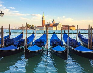 Fototapeta premium A serene view of gondolas docked in water with a distant historic building