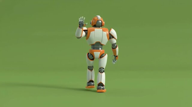 Animated 3D orange and white robot superhero in a T-pose, ready for animation, on a green screen chroma key background. Technology, artificial intelligence, customizable character asset.