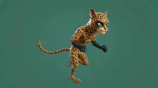 Animated 3D leopard superhero running dynamically on a green screen chroma key background. Speed, agility, wild animal, power, rapid movement concept for cartoons and games.