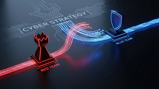 Cyber security guard with hologram software protecting from artificial attack concept. Visual representation of cyber strategy with red and blue teams.