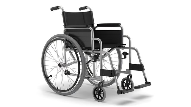 Wheelchair mobility concept with empty wheelchair isolated on white background representing healthcare and disability support