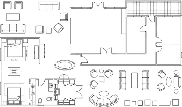 Interior design architectural toolkit featuring a residential floor plan with a comprehensive library of furniture icons for custom space planning.