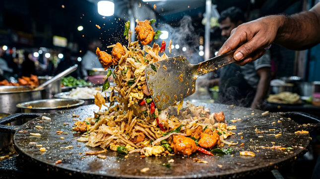 Kothu Parotta Street Food Cooking on Hot Tawa &ndash; South Indian Night Market Action Shot