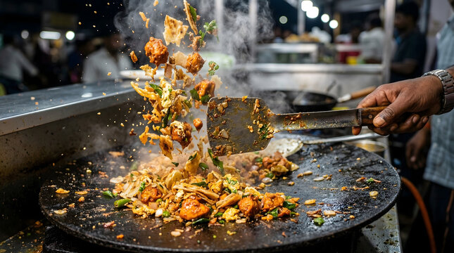 Kothu Parotta Street Food Cooking on Hot Tawa &ndash; South Indian Night Market Action Shot