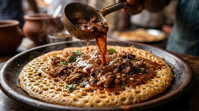 South Indian Appam with Spicy Curry Being Poured &ndash; Traditional Kerala Breakfast Food Close-Up