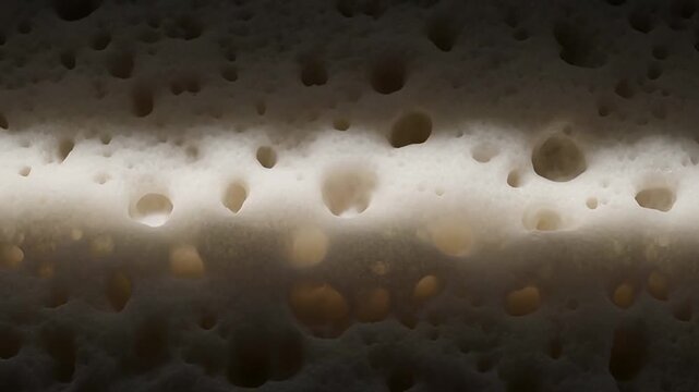 Natural sponge macro background with slow light-band glide and subtle pore shadow breathing