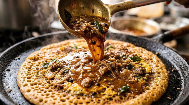 South Indian Appam with Spicy Curry Being Poured &ndash; Traditional Kerala Breakfast Food Close-Up