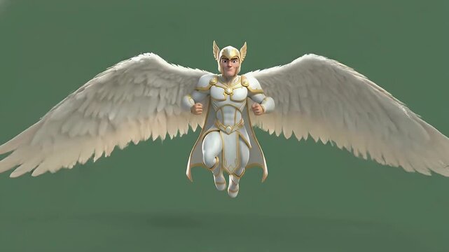 Animated 3D white and gold angel superhero with large majestic wings, walking confidently on a green screen chroma key background. Divine, heavenly, guardian, mythical power concept.