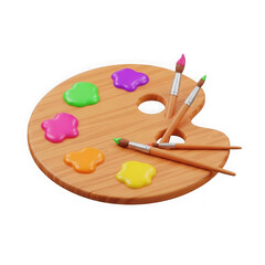 A wooden palette with paints and brushes on a white background