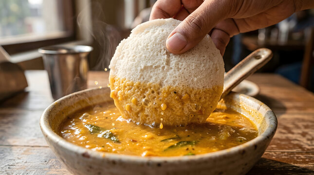 South Indian Idli Dipping in Sambar &ndash; Traditional Indian Breakfast Close-Up Food Photography