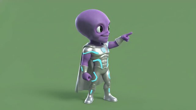 Animated 3D cute purple alien superhero standing with a friendly expression on a green screen chroma key background. Extraterrestrial, sci-fi, space, cartoon character, friendly visitor concept.
