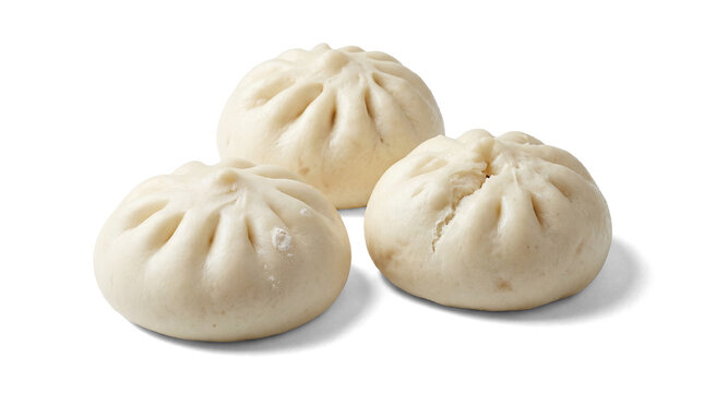 three steamed buns with transparent background, isolated png image of fluffy bao for versatile graphic design and culinary presentation.