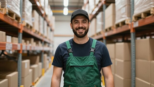 A cheerful male warehouse worker in green overalls and a black cap smiles at the camera, standing between rows of stacked cardboard boxes on metal shelving units.