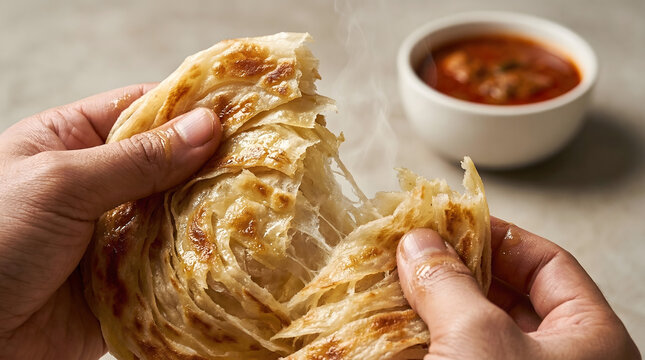 Flaky South Indian Parotta Being Torn by Hand with Curry &ndash; Traditional Street Food Close-Up