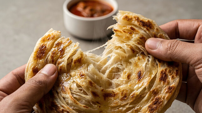 Flaky South Indian Parotta Being Torn by Hand with Curry &ndash; Traditional Street Food Close-Up