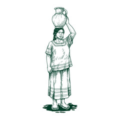 Obraz premium Native American woman carrying water pot on head outline vector traditional life illustration
