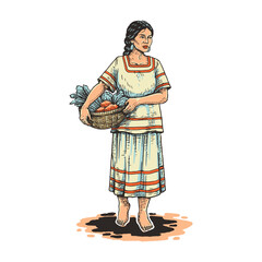 Obraz premium Indigenous woman holding basket with vegetables traditional village activity vector illustration