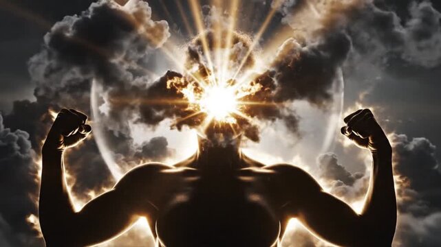 Powerful Silhouette of a Women with Exploding Head and Bright Light Against a Cloudy Sky.