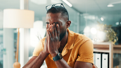 Eye strain, headache and stress with designer black man in office for fatigue or problem solving. Anxiety, business and pain with African employee in design workplace for error, migraine or mistake © peopleimages.com