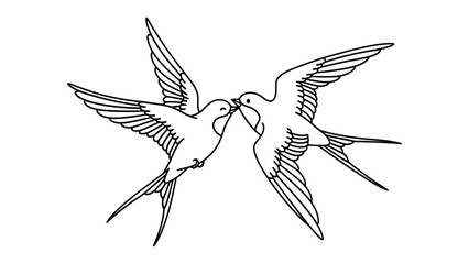 Obraz premium Pair of Swallows in Flight: Two graceful swallows, their wings outstretched, engage in an intimate moment, symbolizing connection and freedom. Lines art and minimalist aesthetics