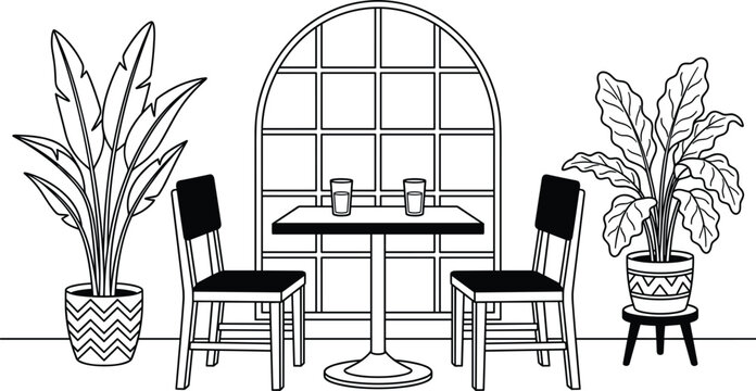 Minimalist cafe vignette featuring a bistro dining set, an arched window backdrop, and decorative indoor plants in a clean line-art style.