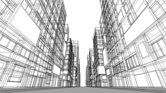 Metropolitan 3D wireframe street perspective featuring dense high-rise commercial buildings, structural architectural grids, and urban city canyon views.