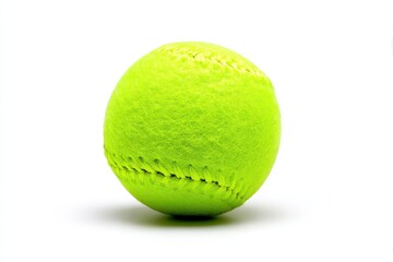Close Up of a Green Tennis Ball with Fuzzy Texture on a White Background Under Bright Studio Lighting