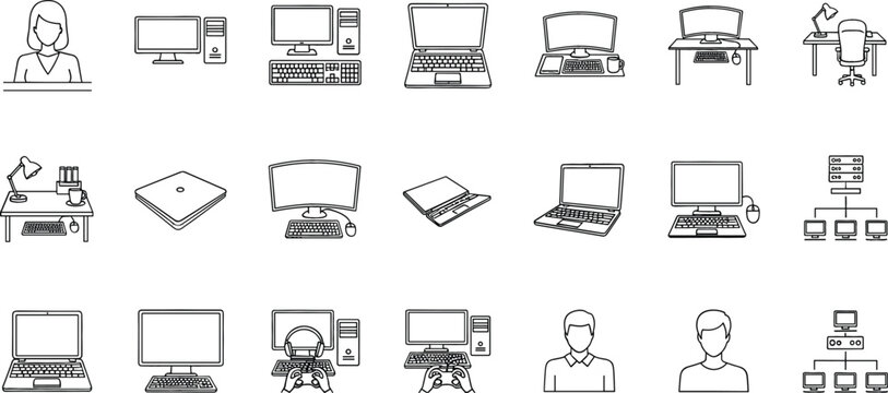 Desktop computer and office workspace icon set featuring gaming consoles monitors servers remote employees and digital workstation hardware.