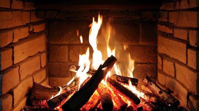 Flames dance and flicker above logs in a cozy fireplace, creating a warm ambiance with glowing embers and a rustic brick surround, inviting relaxation and comfort