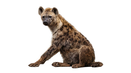 Obraz premium a spotted hyena with coarse fur and powerful jaws is sitting down, turned slightly to the left, against a transparent background, with its gaze directed forward.