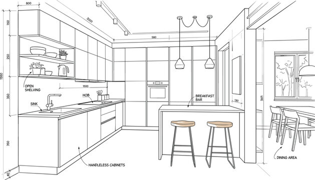Modern kitchen architectural elevation featuring dimensioned handleless cabinetry, breakfast bar, and technical millwork annotations.