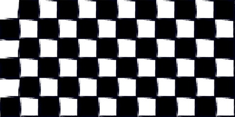 Obraz premium Vector checkerboard pattern. Seamless black and white brush stroke background. Checkered print with distress texture. Painted chequered ornament for kids. Childish design