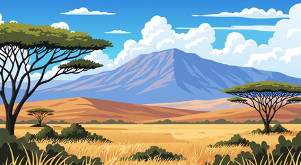 Vibrant vector illustration of an African savanna landscape with acacia trees and Mount Kilimanjaro in the background, sunny day © Purnomo