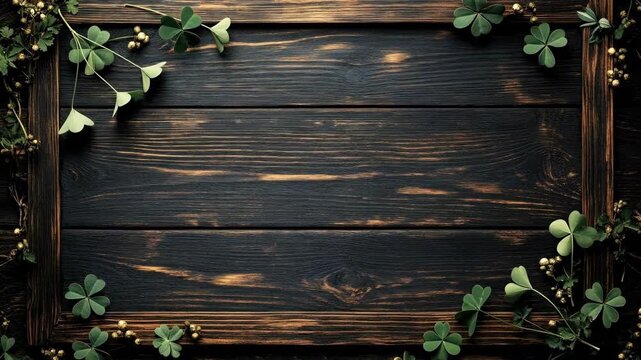 Rustic wooden background with green clover leaves and golden accents. Saint Patrick's Day, St Paddy's Day, St Patty's Day - Irish National Holiday and Cultural Celebration