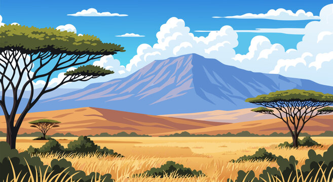 Vibrant vector illustration of an African savanna landscape with acacia trees and Mount Kilimanjaro in the background, sunny day