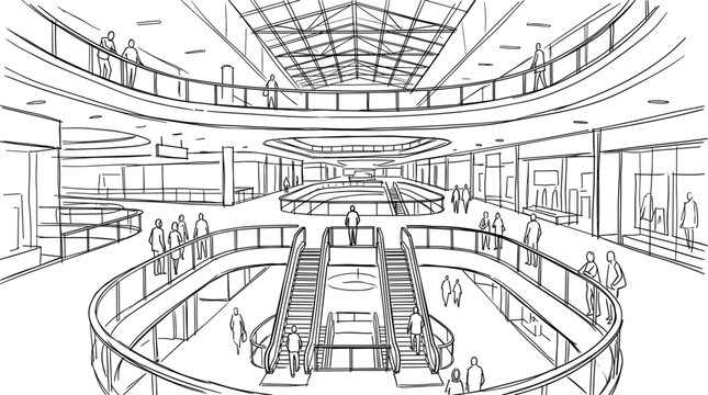 Modern retail atrium featuring curved elliptical mezzanines, a central escalator hub, industrial truss roofing, and wide-angle architectural perspective.