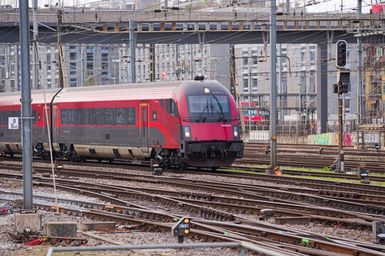 Scenic view of Hauptbahnhof railway station with track field and &Ouml;BB railjet arriving at Swiss city of Z&uuml;rich on a winter day. Photo taken March 10th, 2026, Zurich, Switzerland.