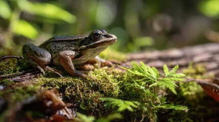 Obraz premium Macro portrait of a wood frog amid moss and ferns on a damp forest floor