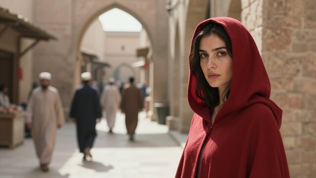 A woman dressed as Rahab from the Old Testament stands in an ancient Middle Eastern marketplace. She wears a red hooded cloak, symbolizing faith and courage during her time of salvation.