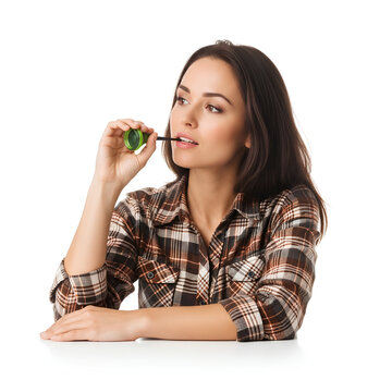 Young Woman Applying Makeup with Eyeliner Pencil.