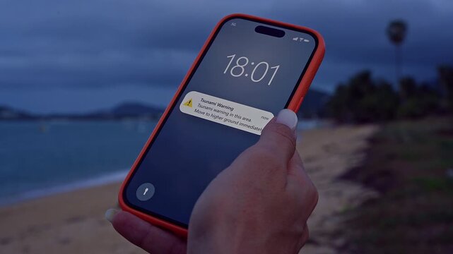 Cinematic Zoom Shot of Smartphone With Tsunami Warning Notification Held by Woman Standing on Stormy Ocean Beach