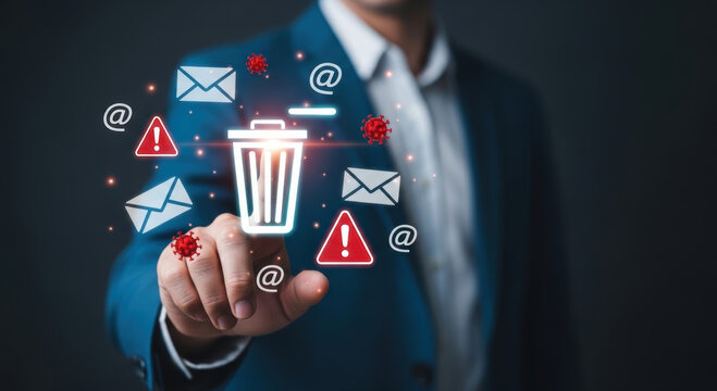 Businessman touching digital trash can icon surrounded by spam emails and virus symbols representing cybersecurity and data protection
