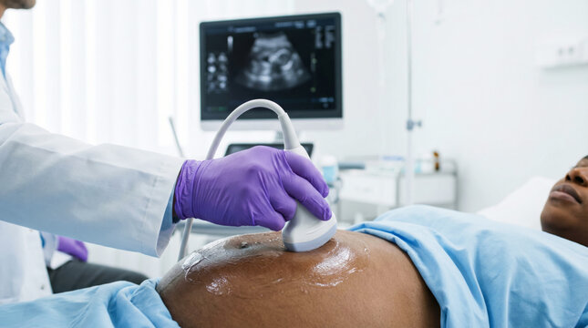 Doctor Performs Pregnancy Ultrasound Scan, Modern Medical Diagnostics. Gloved Doctor Uses Ultrasound Device, Patient Undergoes Abdominal In Clinic. Healthcare, Diagnostics, Non Invasive Technology