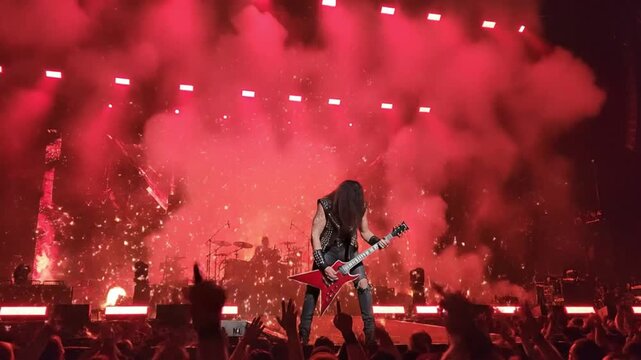 Rock Concert Spectacle - Guitarist Leaps Amidst Pyrotechnics and Red Haze, Energizing the Crowd.