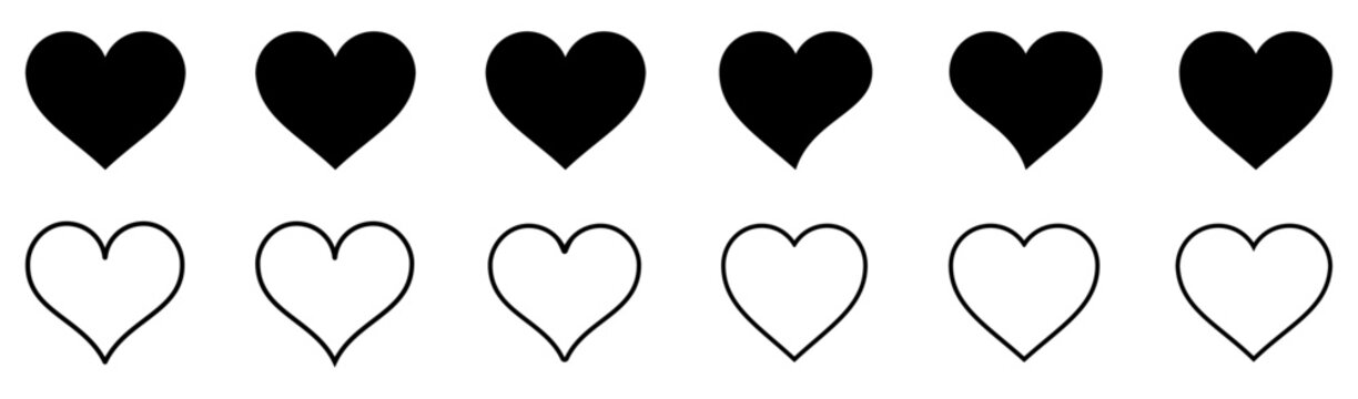 Heart shapes set showing solid and outline heart symbols. Simple love heart forms used for valentine, romance, favorite, like button, relationship sign, greeting design, and decorative symbol collecti