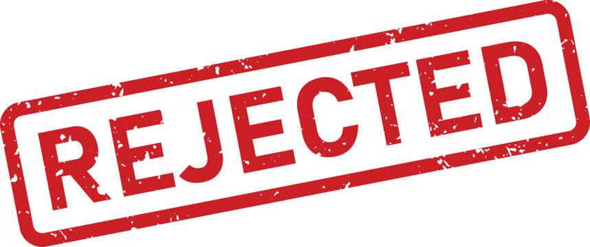 A vivid red rectangular stamp with a clear grunge appearance features the bold uppercase word REJECTED