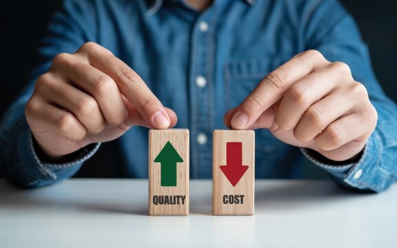 Quality up and cost down concept with hands pointing on wooden block