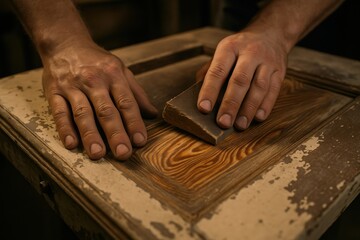 Hands sanding wood panel for restoration with sanding block and focus light